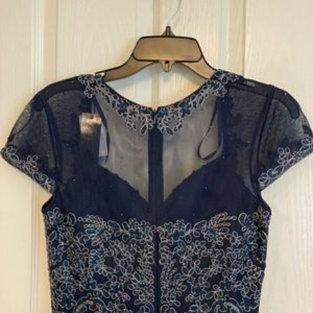 Xscape Embroidered Cap Sleeve Sweetheart Neckline Tiered Gown in Navy/Silver - Picture 10 of 14